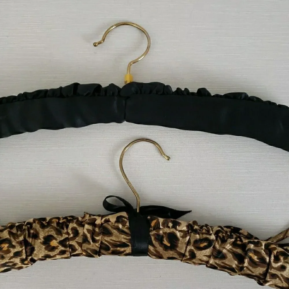 Padded Satin Fabric Covered Clothes Lingerie Hangers Brass Hook Wood Arms VTG